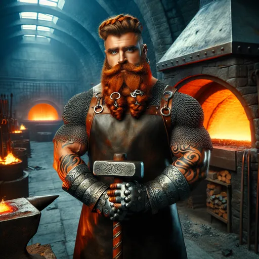 Prompt: "A stout male dwarf stands proudly before a roaring forge deep within a massive underground hall, his rugged features illuminated by the glow of molten metal. His braided auburn beard is adorned with silver clasps, and his sharp, piercing eyes reflect the fiery brilliance of his craft. He wears a sturdy leather apron over intricate dwarven armor, engraved with runes of fire and protection. His muscular arms are covered with soot and scars, telling the story of a lifetime spent mastering the forge. In his hands, he holds a newly forged warhammer, its head still glowing red-hot, etched with glowing runes of power and balance. Around him, the forge hall is a marvel of dwarven engineering: massive anvils, glowing furnaces, and racks filled with ornate weapons and tools. The walls are adorned with intricate carvings depicting the history of his people, and towering statues of legendary dwarves stand as silent witnesses to his work. The scene radiates strength, tradition, and the unyielding determination of the dwarven spirit."