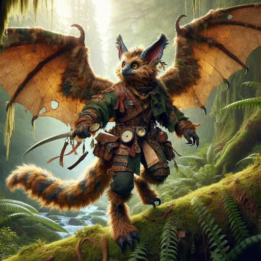 Prompt: 
The Skybound Navigator
"A charismatic male Hadozee swings effortlessly through the branches of towering trees in an ancient jungle, his light, muscular frame gliding through the air with the grace of a natural acrobat. His fur is a mix of rich brown and golden hues, blending perfectly with the verdant surroundings, and his large, bat-like wings stretch wide as he hovers for a moment before darting forward once more. His sharp, amber eyes gleam with a sense of adventure and curiosity, always on the lookout for new horizons.
He wears a simple yet durable leather vest and trousers, fitted for movement, with several pouches containing tools, maps, and small trinkets collected from his travels. A weathered compass dangles from a chain around his neck, while a curved blade is strapped to his side, perfect for close combat or clearing dense foliage. His tail sways with effortless balance as he glides through the air, a perfect embodiment of the free-spirited, explorer nature of his kind.

Around him, the jungle is alive with the sounds of exotic birds, rustling leaves, and distant thunder, while vines and branches shift and bend as he moves between them with practiced ease. His presence is magnetic, and the creatures of the jungle seem to accept him as one of their own, guiding him toward hidden places and secret paths. He is a navigator, both in the physical world and across the skies, always seeking the next grand adventure and the mysteries that lie just beyond the horizon."