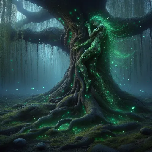 Prompt: "A mystical being entwined with the massive roots and branches of an ancient willow tree that seems alive with magic. Her body is part bark and part flesh, glowing with emerald runes that pulse in rhythm with the tree. Around her, glowing fireflies and gentle breezes carry faint whispers, as if the tree itself speaks through her. The ground is covered in soft moss that radiates a faint, ethereal glow."