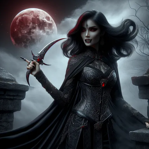 Prompt: The Crimson Moonblade
"A captivating female Dhampir stands atop the parapet of a ruined castle, her pale, flawless skin glowing faintly under the light of a blood-red moon. Her long, raven-black hair cascades over a dark, elegant cloak lined with crimson silk. She wears a form-fitting suit of black leather armor adorned with intricate silver filigree resembling veins of blood. In her hand, she wields a curved, obsidian blade that seems to drink the light around it, the hilt adorned with a ruby pulsing like a heartbeat. Her piercing, crimson eyes glint with a mix of sorrow and menace, and her fanged smile reveals her predatory nature. Shadows twist unnaturally around her feet, as if alive, while a swirling mist rises from the ground, concealing her approach."