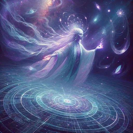 Prompt: "A serene female Elarae floats gracefully in the center of an astral nexus, her semi-translucent body shimmering with hues of lavender and aquamarine. Her elongated fingers weave glowing threads of dream essence, forming intricate, ephemeral patterns that ripple through the star-dappled void around her. Her eyes, luminous orbs of shifting color, reflect the infinite possibilities of the multiverse. She is draped in a flowing mantle of living light, which pulses in rhythm with the ambient energy of the nexus. Around her, crystalline fragments of forgotten worlds orbit gently, resonating with a faint, melodic hum as she channels her power to guide lost souls through the veil of reality."