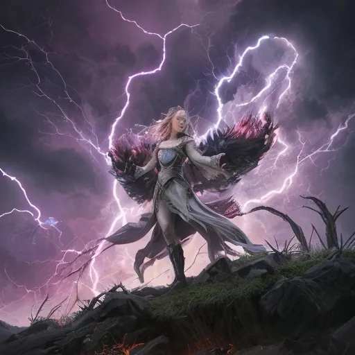 Prompt: Leona felt the tempest's fury surge, and she knew the time had come to deliver the final blow. She whispered an ancient incantation, one that had been passed down through her lineage, a spell to purge the corruption from the very essence of the land. The storm around her grew more intense, lightning dancing along her fur like a crown of fire.