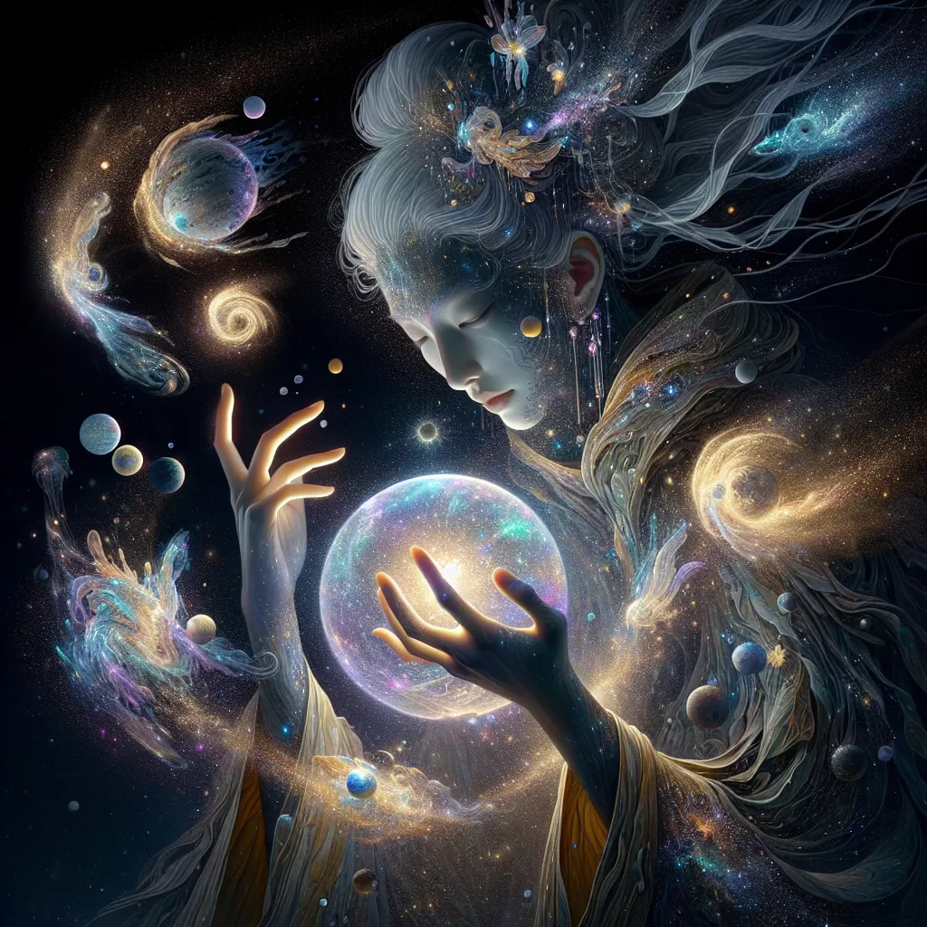 Prompt: "A celestial figure delicately crafts an orb of light between their glowing hands, surrounded by floating shards of starlight. Their flowing robes shift between hues of the cosmos, and their hair cascades like streams of liquid gold. Around them, fragments of planets and constellations orbit gently, as though they are piecing together the universe itself."