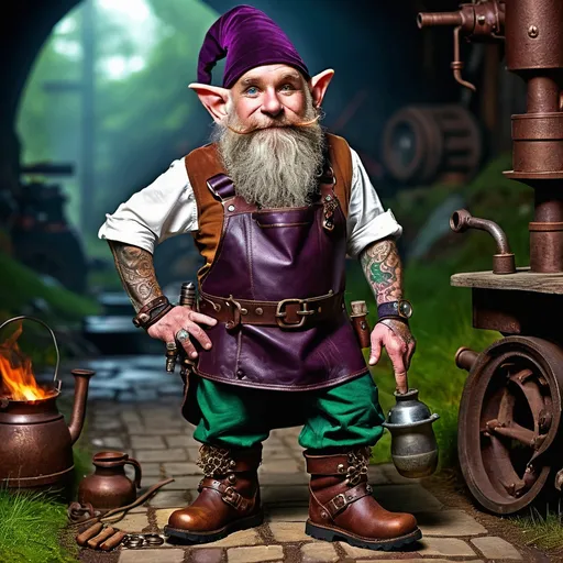 Prompt: Gnome, 3'6" tall, copper skin, tattooed gears, emerald eyes, auburn beard, metallic-braided beard, leather apron, deep purple-gold tunic, robust brown trousers, shiny boots, calloused fingers, metal-ringed hands, gadget rings, formidable presence, small stature, ancient forge heritage, master tinkerer lineage, Everbright City native, meticulously groomed, engineering guild member, steampunk attire, mechanical genius, curious gaze, robust boots, inventor's apron, whirring gadgets, gnome inventor, intricate tattoos.