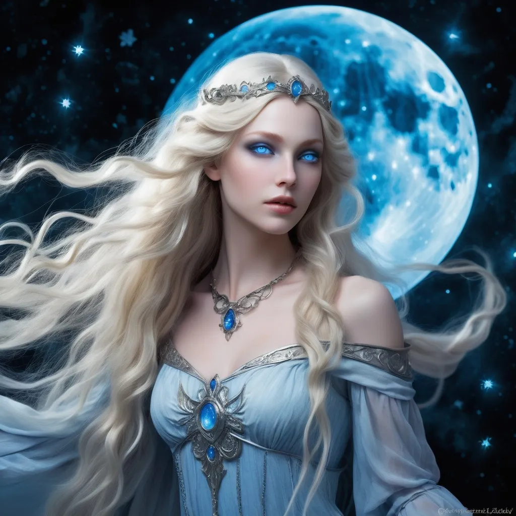 Prompt: Lady Ariael Whisperwind is an ethereal being of unearthly beauty. Her skin is as pale as the moon's glow on a clear night, Her eyes are pools of shimmering blue that seem to hold the very essence of the stars within them. Long, flowing hair of the palest blonde floats about her, often appearing to be made of mist. Her lithe form is wrapped in a gown that shimmers with a soft, spectral light.. Her slender fingers end in sharp, gleaming nails that seem to be carved from ice. A set of antler-like horns, tipped with crystal, protrude from her forehead, arching gracefully to frame her face and reach almost to her pointed ears. Her feet are bare, and instead of leaving footprints, they leave trails of faint, glowing mist. Around her neck hangs an amulet that pulses with a soft blue light, the heart of her power as an undead spectral elf.