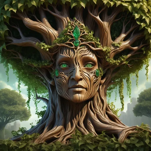 Prompt: Arborea Whisperwind, a majestic treant with an ancient soul, stands tall at fifty feet, her bark a rich tapestry of greens and browns, mottled with the whispers of a hundred seasons. Her branches, laden with leaves of emerald and gold, sway gently in the breeze, revealing the intricate carvings that weave through her wooden frame. A crown of ivy adorns her head, hinting at her connection to the forest's deepest secrets. Her eyes, twin pools of softly glowing amber, peer out from within the bark that forms her face, holding the warmth and wisdom of countless generations. Her mouth, a gentle curve of bark and foliage, often breaks into a knowing smile that seems to hold the very whispers of the leaves themselves. Her body is robust yet elegant, with a trunk that widens gracefully before branching into powerful limbs that end in hands of intertwined roots, capable of both delicate artistry and fierce protection. Her feet, a network of thick, gnarled roots, anchor her to the earth, drawing strength and sustenance from the soil. The air around her is always alive with the scent of damp earth and blooming flora, a testament to her vibrant essence.