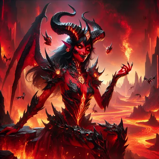 Prompt: "A fearsome female fiend rises from a throne of molten obsidian in the heart of a fiery underworld, her demonic beauty both mesmerizing and terrifying. Her crimson skin glows faintly with embers, and her black, curling horns spiral upward like jagged obsidian spires. Her fiery eyes burn with malevolent intelligence, and her long, dark hair flows like smoke, streaked with glowing streaks of lava. She is clad in an ornate, jagged armor of blackened steel and flaming gold, adorned with spiked pauldrons and chains that radiate infernal power. In one clawed hand, she wields a massive, rune-etched whip ablaze with hellfire, while the other rests imperiously on the arm of her throne. Around her, rivers of lava snake through the charred, jagged landscape, and jagged spires rise into a blood-red sky filled with swirling ash. Winged fiends and shadowy figures kneel before her, their glowing eyes reflecting her unchallenged dominance. Her wicked smile exudes confidence and cruelty, embodying the raw, unrelenting power of the infernal realms."