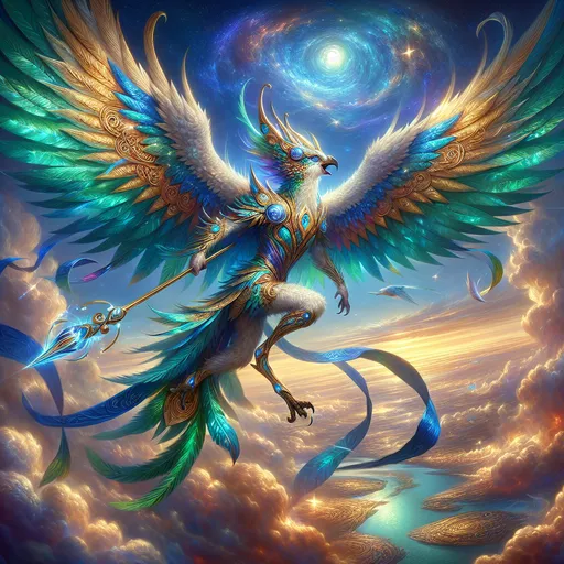 Prompt: "Depict a stunning fantasy masterpiece centered on an Aarakocra, a majestic humanoid bird from myth and legend. The Aarakocra is shown in dynamic motion, their wings outstretched in a powerful flight over a breathtaking aerial landscape. Their feathers shimmer with iridescent hues of emerald, sapphire, and gold, reflecting sunlight as they soar. Each feather is meticulously detailed, with intricate patterns that give a sense of divine craftsmanship, hinting at their celestial origin.

The Aarakocra wears lightweight, ceremonial armor adorned with ancient runes and symbols of the sky gods, crafted from shining mithral and accentuated with delicate, flowing sashes of silken azure and white. They carry a legendary spear carved from a single crystal of enchanted sky-blue quartz, its blade glowing faintly with a soft, radiant light.

The backdrop is a mesmerizing skyscape, featuring vast, billowing clouds tinged with the warm oranges and pinks of a sunrise. In the distance, floating islands with ancient, weathered structures hover above the clouds, connected by cascading waterfalls of sparkling silver mist. The interplay of light and shadow creates a sense of depth and majesty, emphasizing the Aarakocra's connection to the heavens.

The composition focuses on movement and grandeur, with the Aarakocra framed against the vibrant sunrise. Their sharp, avian eyes reflect determination and wisdom, capturing the viewer's attention. Tiny particles of magical light trail from their spear and feathers, adding a sense of ethereal wonder to the scene.

The art style combines hyper-realistic textures with fantastical elements, blending vibrant colors and intricate details to produce a truly mesmerizing and collectible piece. The atmosphere evokes awe and reverence, celebrating the Aarakocra's otherworldly grace and power, making it a perfect high-tier fantasy NFT."