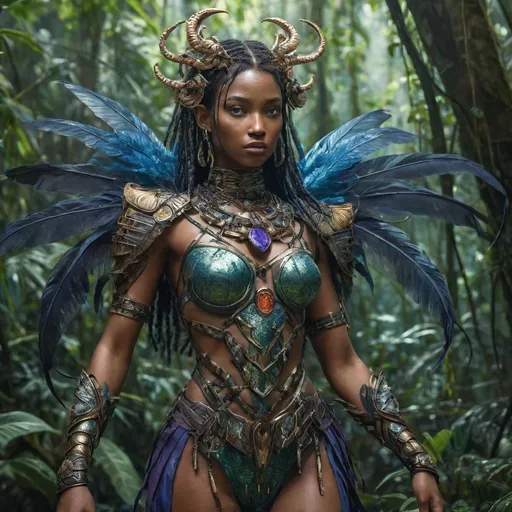 Prompt: Kaiyara Moonshadow, or simply Kai to her friends and enemies alike, stands tall at six and a half feet, with a lean, muscular build that speaks of her life in the treetops of the vast jungles of Chult. Her skin is a deep shade of emerald, mottled with patterns of iridescent scales that shimmer in the dappled light, hinting at her amphibious nature. Her eyes, as wide and bright as the moonlit lagoons she calls home, are a piercing shade of gold that seem to see right through the dense foliage. Her hair is a wild tangle of deep purple vines, each adorned with the glowing blue berries of the night-blooming jungle flowers, which she weaves in as a nod to her heritage. Her sharp, elongated ears are fringed with feathers from rare birds of paradise, whispering secrets of the canopy to any who dare to listen closely.

Her hands and feet are tipped with retractable claws, perfect for gripping onto the slick branches of her home. Her tongue is a vibrant ribbon of color, flicking out to taste the air for the faintest scents of danger or prey. Kai is covered in a light armor made from the flexible shells of the jungle's giant beetles, intricately painted with tribal symbols that signify her status as a skilled hunter and a member of the Moonshadow tribe. The armor is complemented by a loincloth made from the softest silks of the silkspiders, dyed in the vibrant hues of the jungle. Her only other adornment is a necklace of gleaming fangs from the various beasts she has bested over the years, a silent testament to her prowess.