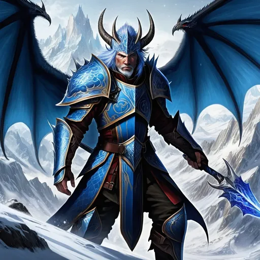 Prompt: Born in the heights of the Frostfire Peaks, Zephyrion is the scion of House Stormwrath, one of the oldest and most revered families among the blue dragons. His mother, Luminara, was a famed cartographer and strategist, while his father, Dracoron, was a fierce warrior who led their clan in the last great war against the red dragons of the Flaming Embrace. Raised in the frigid yet breathtakingly beautiful caverns of the peaks, Zephyrion's early life was filled with tales of ancient dragon lore and the responsibilities of leadership. He was taught the art of diplomacy and warfare by his mother's side, while his father took him on daring expeditions to conquer the harsh lands beyond their domain.

As he grew, Zephyrion's curiosity for the outside world grew stronger. He would often sneak out of the caverns to explore the lands below, fascinated by the creatures and cultures that thrived in the shadow of the dragons. His mother's influence led him to seek knowledge, and he developed a keen interest in the arcane, studying ancient tomes and artifacts. His thirst for power was insatiable, yet it was always tempered by his father's wisdom: that true strength comes from understanding and mastering oneself, not merely from brute force.

When the time came for Zephyrion to prove his worth, he was tasked with a quest to claim a legendary artifact from the ruins of the lost dragon city of Thalakar. His journey through the treacherous lands below, fraught with danger and ancient secrets, transformed him from a mere dragonling into a formidable adult. Upon his triumphant return, Zephyrion was acknowledged as a master of both martial prowess and arcane knowledge, and he began to shape his own destiny, seeking to forge alliances and expand his family's influence.