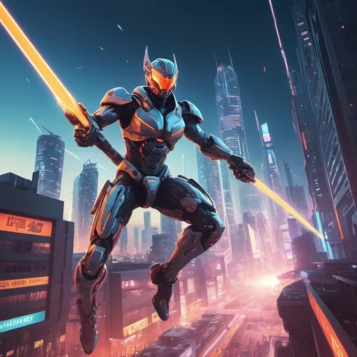 Prompt: Background: A futuristic city bathed in neon lights, with sleek skyscrapers and airborne vehicles zipping through the sky.
Action: A cybernetic warrior with glowing armor leaps from a rooftop, holding a plasma blade, as a massive explosion illuminates the scene.
Render Style: Sci-fi realism with sharp contrasts, lens flares, and dynamic motion.
Theme: High-tech rebellion and unyielding courage.