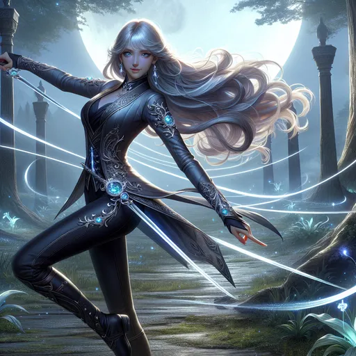 Prompt: "A graceful female human warrior-mage with flowing silver hair and piercing blue eyes, spinning elegantly in a moonlit glade. Her dual blades, sleek and etched with glowing arcane runes, leave trails of light as she dances in combat with unseen foes. She wears a fitted leather and silk battle dress, adorned with sapphire gemstones that shimmer like stars. Around her, the glade is alive with glowing flora and ethereal fireflies, while a crescent moon bathes the scene in a soft, silver glow. Ancient stone monoliths, carved with forgotten symbols, loom in the misty background."