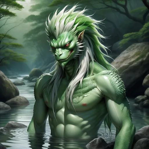 Prompt: Tsukuyomi Kawasaki is a striking example of a Kappa, a creature from Japanese folklore that combines the elegance of a human with the aquatic features of a reptilian being. Standing at a lean 5'9", his skin is a smooth, pale green, reflecting the shades of algae-covered stones from the riverbed he calls home. His hair, a shock of emerald that falls just above his shoulders, is always damp and appears to be made of fine strands of kelp swaying gently in an underwater breeze. His eyes are large, round, and a piercing blue-green, reminiscent of the deepest parts of the river where the sun's light barely reaches. His nose is elongated into a beak-like structure, and his mouth is filled with sharp teeth, hinting at his carnivorous nature. Tsukuyomi's most distinguishing feature is his bowl-shaped head, which is said to be filled with water from the river of his birth, granting him his power and life force. It glows softly under the moonlight, revealing its depths like a miniature, bioluminescent pond. His body is adorned with intricate, water-based tattoos, each one telling a story of the river's history and his own adventures. His hands and feet are webbed, and he moves with a grace that belies his amphibious nature. He is often found wearing traditional Japanese garb that is slightly tattered from his aquatic lifestyle, yet still maintains an air of refinement and nobility.