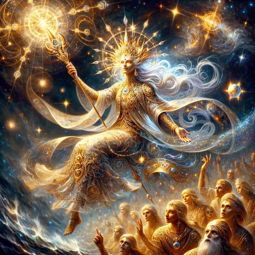 Prompt: The Radiant Scion
"A majestic female demigod descends from the heavens, her golden skin glowing with divine light and her ethereal hair flowing like molten silver in an unseen breeze. She is clad in shimmering armor forged from celestial metals, adorned with intricate patterns of stars and sacred glyphs. Her eyes burn with a radiant, otherworldly glow, holding the wisdom of both mortal and divine realms. In her hand, she wields a gleaming spear tipped with starlight, its shaft engraved with cosmic runes. Around her, the air ripples with divine energy, and the skies part to reveal a celestial realm where constellations dance in reverence. Below her, mortals kneel in awe, their faces lit by her radiant aura that promises both mercy and judgment."