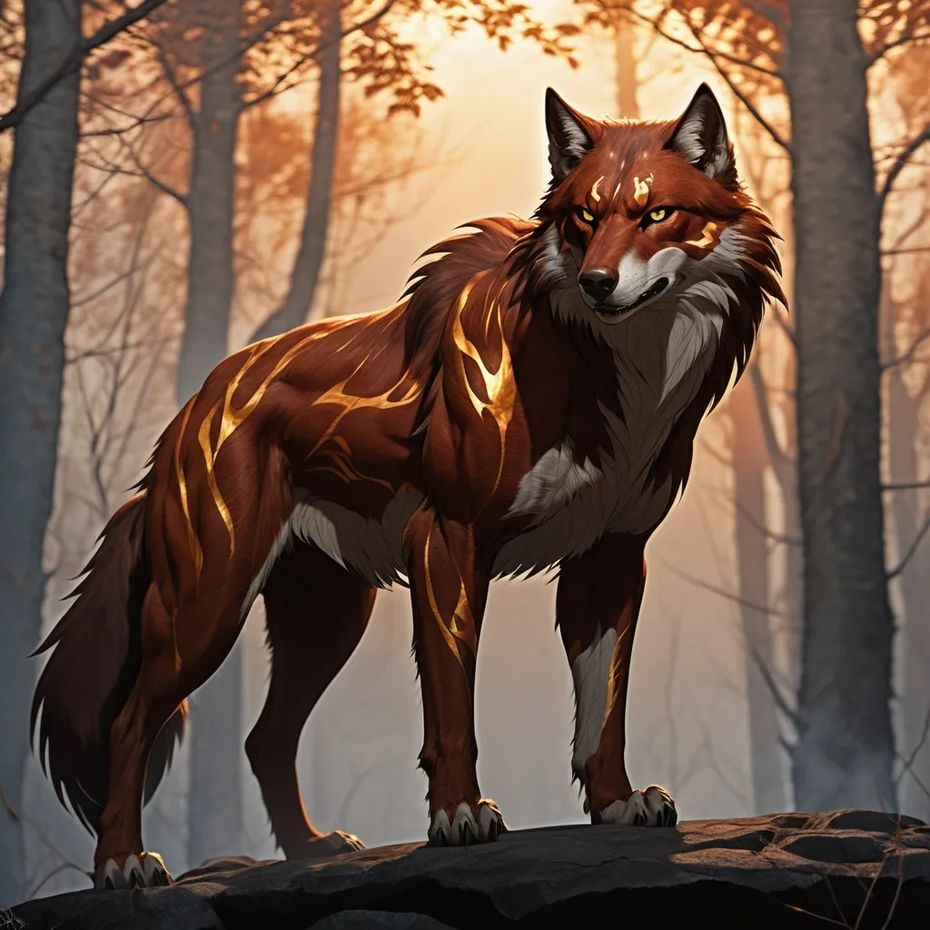 Prompt: Rokara Bloodhowl stands tall at six and a half feet, her powerful limbs and muscular frame a testament to her unyielding spirit and warrior heritage. Her fur is a rich, chestnut brown, intermittently marbled with lighter auburn streaks that seem to dance in the firelight. Her eyes are a piercing gold, reflecting the wisdom and cunning she has honed over the years. Her snout is broad and expressive, capable of contorting into a range of fearsome snarls or warm, toothy smiles. Her teeth are sharp and pronounced, a reminder of her carnivorous nature, yet gleaming with an unexpected hint of care. Two proud, curling horns emerge from her forehead, spiraling upwards and culminating in deadly sharp points. These horns are adorned with intricate, beaded patterns, a tapestry of her tribal affiliations and battles won. Her tail is long and thick, tipped with a brush of fur that matches the lighter streaks in her fur, often held high as a banner of confidence. Her posture is one of readiness, shoulders squared and chest out, as if she expects a challenge at any moment. The scars that criss-cross her body tell a story of battles fought and survived, each one a testament to her resilience and battle-hardened spirit.