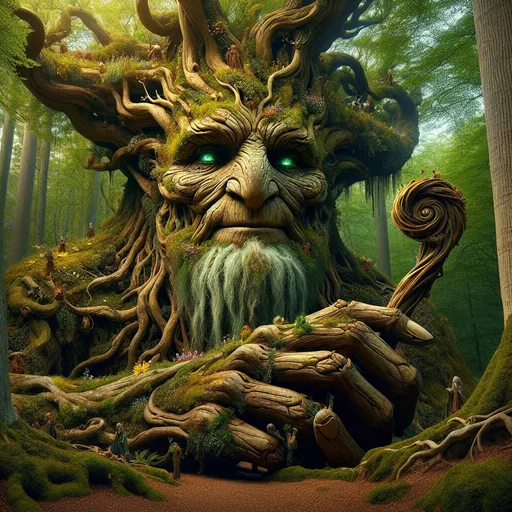 Prompt: Ancient Male Treant Guardian
"A towering male Treant stands in the heart of a primeval forest, his immense, gnarled form blending seamlessly with the ancient trees around him. His bark-covered body is adorned with patches of moss, ivy, and blooming flowers, giving him the appearance of a walking piece of the forest itself. His eyes, glowing a deep, warm green, radiate wisdom and a quiet, ancient strength. His face is weathered but noble, carved naturally from his bark as though shaped by centuries of wind and rain.

His massive arms resemble tree branches, with one hand clutching a staff formed from a twisting, living vine crowned with glowing, golden leaves. His broad shoulders are draped in a natural mantle of hanging vines and small animals—birds, squirrels, and fireflies—move around him in harmony.

The forest around him is alive with magic: beams of sunlight pierce through the canopy, illuminating patches of glowing mushrooms and ethereal flowers. Ancient stone monoliths inscribed with runes are half-buried among the roots, suggesting the Treant’s role as a guardian of something sacred. The air is filled with the soft rustle of leaves and the distant sound of running water, creating an atmosphere of serene reverence for this living monument of the forest."