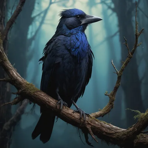 Prompt: In the heart of an ancient, whispering forest, where the gnarled branches intertwine like the tales of old, lives a male Kenku named Corvax. His form is slender and tall, cloaked in feathers of deep midnight black, shimmering with hints of iridescent blue when caught in the dappled sunlight. His sharp, avian features are framed by a sleek, ruffled crest that falls gracefully along his neck, and his eyes—glinting like polished obsidian—hold the wisdom of countless secrets. Corvax is adorned with intricate accessories crafted from natural materials: a belt of woven vines and tiny, glimmering stones that jingle softly with each step, and a shoulder pouch fashioned from soft hides, filled with the trinkets and treasures he collects during his explorations. A master of mimicry and stealth, he moves with an elegant grace, often blending seamlessly into the shadows of his verdant surroundings. With a voice that echoes the sounds of the forest—the rustle of leaves, the call of distant birds, and the gentle trickle of streams—Corvax serves as both scout and storyteller for his wandering clan. His innate connection to nature allows him to communicate with the woodland creatures, and his sharp mind devises clever strategies to navigate the challenges of a world filled with danger and intrigue. Driven by a longing to uncover the lost tales of his ancestors, Corvax's journey is one of discovery, filled with enchantment and the promise of adventure.