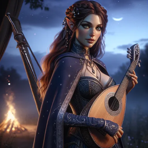 Prompt: The Wandering Bard
"A captivating female half-elf stands beneath a twilight sky, her elegant figure silhouetted against the soft glow of a distant campfire. Her long, chestnut-brown hair is loosely braided, interwoven with small charms and beads that jingle softly with each movement. Her almond-shaped green eyes sparkle with both mischief and a deep well of untold stories. She wears a flowing cloak of midnight blue, its edges embroidered with silver patterns resembling constellations, and a snug leather bodice adorned with intricate floral carvings. Across her back is slung a lute with a beautifully carved neck and gleaming strings, and at her side, a dagger rests discreetly in its sheath.
As she strums a haunting melody, the air around her seems to shimmer; her music weaves magic into the night, calming restless souls and kindling the imaginations of her listeners. Around her, a small gathering of travelers sits entranced, their faces illuminated by the flickering firelight, caught in the spell of her voice and song."