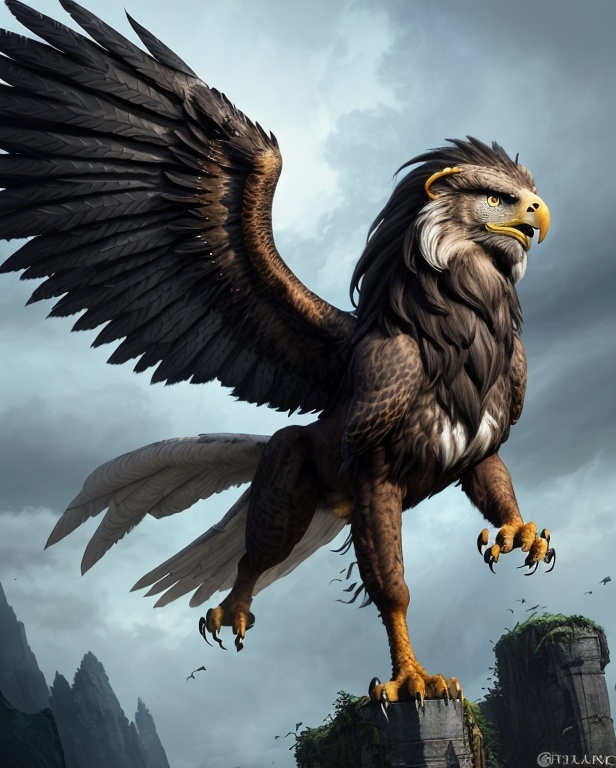 Prompt: gender: female, age: 240, race: dire beast, species: gryphon, majestic, rare lineage, regal posture, powerful wings, sharp beak, gleaming eyes, fierce claws, lion-like mane, eagle-inspired tail, intricate fur patterns, stormy hues, muscular build, battle-scarred, ancient wisdom, aura of dominance, commanding presence