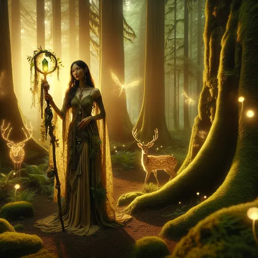 Prompt: "A serene druid stands in the heart of an ancient, enchanted forest, bathed in soft golden light filtering through towering, moss-covered trees. The druid, a lithe figure with flowing robes woven from leaves and vines, holding a glowing staff adorned with a crystal that pulses with life energy. Ethereal wildlife surrounds them, glowing deer, floating fireflies, and whispering spirits of the forest. The ground is carpeted with bioluminescent flowers, and a sacred stone circle rises in the background, radiating a faint mystical glow. The druid's expression is one of calm wisdom, as if communing with the forest itself. The scene exudes harmony, magic, and the timeless connection between nature and arcane."