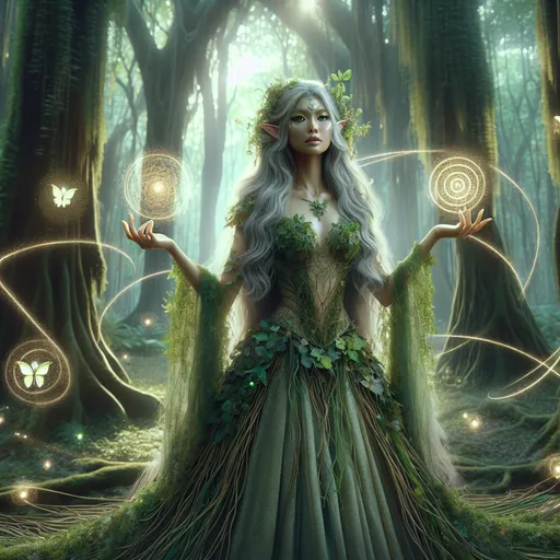 Prompt: Mystical Forest Elf Sorceress
"A graceful female forest elf stands in the heart of an ancient, enchanted forest, radiating an aura of serene power and deep connection to nature. Her long, flowing silver hair shimmers faintly with hints of green as it cascades down her back. She wears an elegant gown woven from leaves, vines, and delicate threads of gossamer, glowing faintly with an emerald hue. Her piercing emerald-green eyes seem to hold the wisdom of centuries. In her hands, she cradles a glowing orb of pure nature magic, with swirling patterns of golden light and tiny ethereal butterflies encircling it. The forest around her is alive: towering ancient trees with luminescent runes on their bark, bioluminescent flowers blooming at her feet, and glowing fireflies dancing in the air. Rays of moonlight filter through the canopy, highlighting her serene expression and her innate connection to the magical world around her."