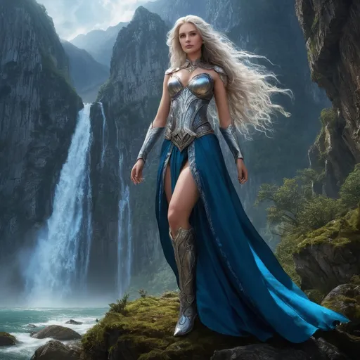 Prompt: In the mystical realm of Eldoria, where towering mountains kiss the skies and ancient forests whisper secrets of old, resides a remarkable being known as the Half-Giantess, Elysia. Standing at an impressive twelve feet tall, her stature commands both awe and respect. With flowing hair reminiscent of cascading waterfalls, shimmering in hues of silver and deep azure, she embodies the essence of her giant heritage. Her emerald-green eyes, bright and piercing, hold the wisdom of centuries and the playful spirit of a child. Elysia’s skin is a tapestry of earth tones, adorned with intricate tribal tattoos that tell the stories of her ancestry and the land she cherishes. Despite her formidable size, she possesses a gentle heart, nurturing the fragile flora and fauna that thrive in her enchanted glade. Clad in garments woven from the finest silks and leathers, crafted by the woodland creatures she befriends, her attire reflects the harmony she maintains with nature. In the quiet moments, Elysia can be found in deep communion with the ancient trees, her laughter echoing like the ringing of crystal chimes through the valleys. She is a protector of the realm, wielding a mighty staff carved from the heartwood of the elder trees, imbued with magic that channels the very essence of the earth. Her mission is to cultivate peace between the giants and the smaller folk, using her unique heritage to bridge the divide between worlds. Yet, beneath her serene exterior lies a fierce warrior, ready to defend her home against dark forces that threaten her beloved Eldoria. As legends of her strength and compassion spread, Elysia becomes a beacon of hope, inspiring all who encounter her to embrace their own unique identities and stand tall against adversity.