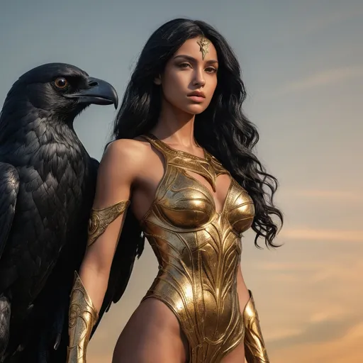 Prompt: Eliana Castellanos, A Nephilim, stands at a statuesque 6" 2" with a lean, athletic build that suggests both grace and power. Her skin is a rich tapestry of golden sun kissed tones, a stark contrast to the raven-black hair that falls in soft waves down her back. Her eyes, an unearthly amber, glow faintly in the dark, hinting at her angelic heritage. Two delicate pairs of feathered wings emerge from her shoulder blades, one pure white, the other a fiery red. Her face is a harmonious blend of sharp angles and soft curves, with a strong jawline and a generous smile that can light up the gloomiest of spaces. A constellation of freckles dances across her nose and cheeks, a map of her celestial lineage.