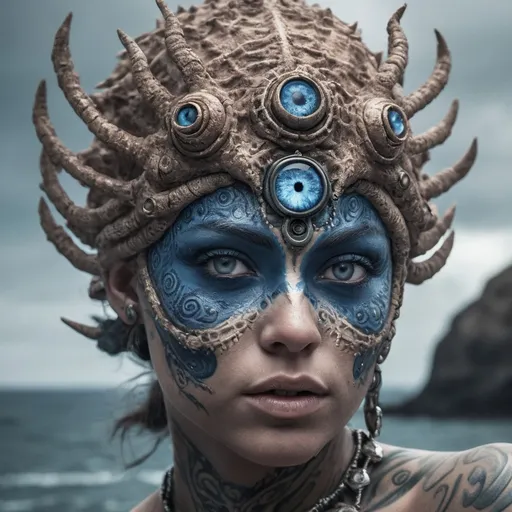 Prompt: Cyra Stormwatch is a towering Cyclops with a singular, piercing blue eye that seems to hold the very essence of a tempest within its depths. Her skin is a mottled blend of slate gray and deep blue, with intricate tattoos swirling across broad forehead and cheeks, telling the ancient tales of her seafaring ancestors. A crown of coral and shells adorn her head, a symbol of her status as the chosen guardian of her tribe. Her muscular build is both powerful and graceful, a testament to her life spent navigating the treacherous waters of her homeland. A long, Flowing beard, the color of ocean at twilight, compliments the metallic silver armor that covers her torso, forged from the rare alloys of her people.