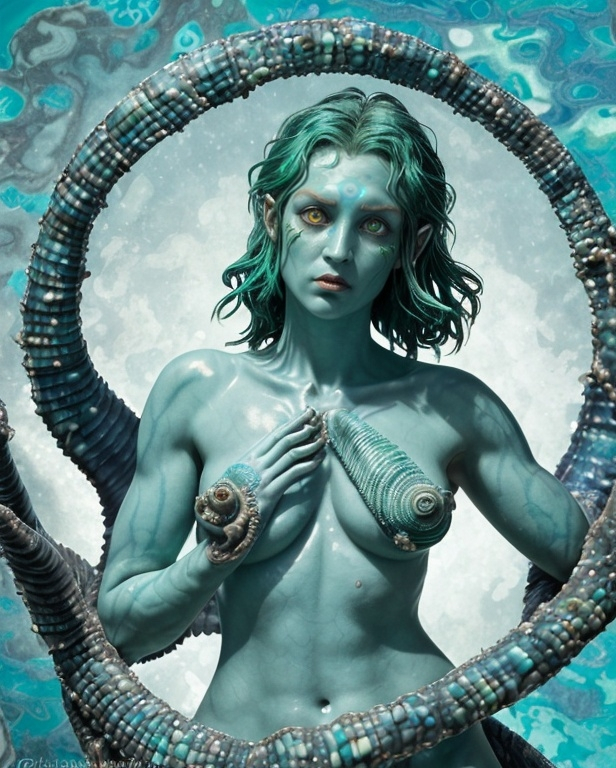 Prompt: Female, Cyclops, 230 years old, deep blue-green marbled scales, shimmering opal-like skin, single emerald eye with navy sclera, dinner plate-sized pupil, kelp-like hair with seashell and coral adornments, flat wide nose, slit mouth with sharp teeth, fifteen-foot height, muscular build, three-fingered hands, webbed feet, noble Atlantian heritage, skilled blacksmith, graceful movement.