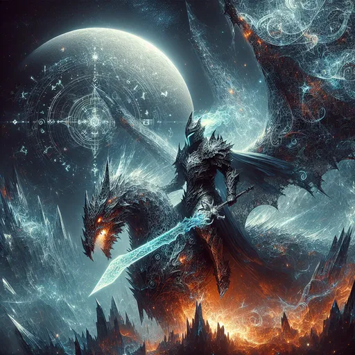 Prompt: "A mighty warrior clad in shimmering obsidian armor, wielding a glowing crystal sword, riding a massive dragon made of swirling fire and ice. The scene is set against a backdrop of a shattered moon, with glowing runes etched into the sky, casting an ethereal light over a jagged, otherworldly landscape."