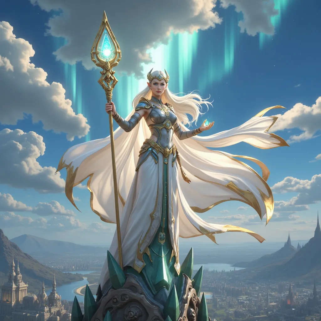 Prompt: "A regal female High Elf with flowing platinum-blonde hair adorned with a circlet of sapphire and gold, standing at the apex of a towering, crystalline spire. Her robes, a blend of shimmering white and iridescent silver, flow like liquid light as she channels an immense arcane spell. In her hands, she cradles a staff of pure diamond, its tip glowing with a pulsating orb that radiates celestial energy. The sky around her is painted with auroras of blue and gold, and below, an intricate city of alabaster and crystal reflects the brilliance of her magic. Her piercing emerald eyes shine with both wisdom and an unyielding determination."