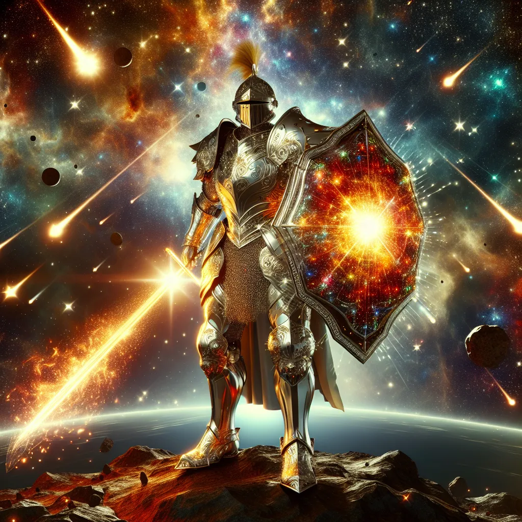 Prompt: "A towering celestial knight clad in silver and gold armor that gleams with the light of a thousand stars stands vigilant atop a floating asteroid. Their shield is a circular fragment of a star, glowing with a fiery aura, and their spear is a ray of pure starlight. Comets and meteors streak past them as they guard the entrance to a radiant cosmic gateway pulsing with multicolored energy."