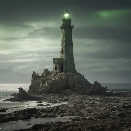 Prompt: Phantom Lighthouse of the Dying Sea
"A towering, weathered lighthouse stands on a jagged rock surrounded by an endless expanse of a dried-up sea. The ground is cracked and barren, with remnants of old shipwrecks scattered around, their masts piercing through the dust. The lighthouse emits a ghostly green light that flickers erratically, casting long shadows across the desolate landscape. Ghostly figures of sailors wander near the base, their forms translucent and shimmering faintly in the dim light. Above, the sky is filled with swirling storm clouds that pulse with streaks of eerie light. The mood is haunting yet mesmerizing, with hyper-detailed textures on the lighthouse, shipwrecks, and spectral figures."