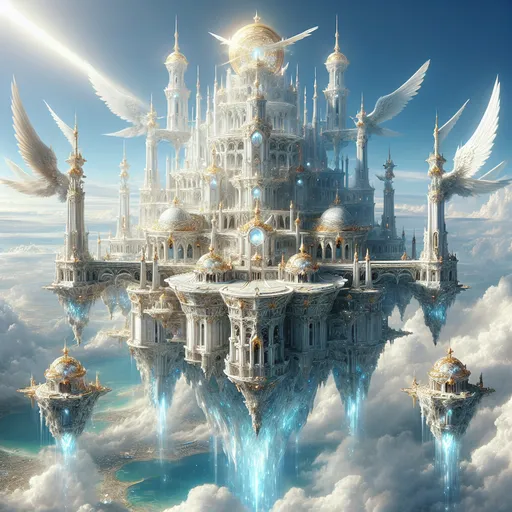 Prompt: "A massive floating fortress crafted from white marble and gold, suspended by glowing magical crystals. Its towers pierce the clouds, and waterfalls of liquid light cascade from its edges into the void below. Winged guardians patrol its outer walls as a radiant sunbeam highlights its splendor against a backdrop of endless blue skies."