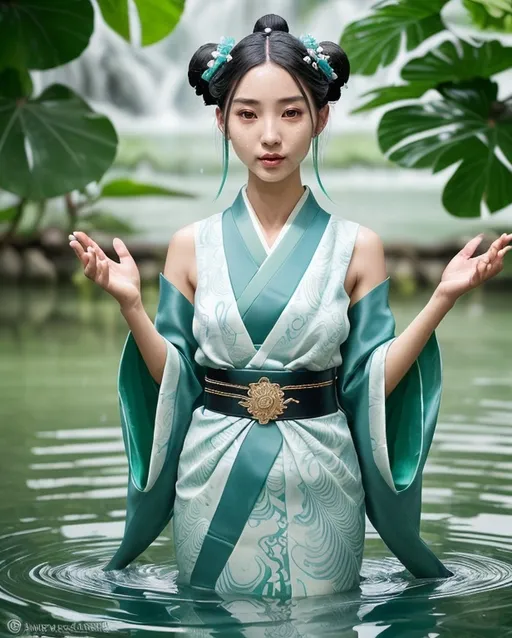 Prompt: Kappa, emerald skin, early twenties appearance, almond-shaped eyes, turquoise-jade eyes, dark green hair, elegant updo, water lily adornments, elongated neck, webbed feet, sleeveless silk kimono, blue and white wave patterns, vibrant obi belt, jade forehead plate, ancient runes, diplomatic, charming, empathetic, skilled water manipulator, protects water purity, blends with human society, Meiji Restoration influence, traditional Japanese attire with modern twist, youthful yet centuries-old, graceful, water spirit aura, unquenchable curiosity, endearing awkwardness, fierce protector, skilled mediator, infectious laughter.