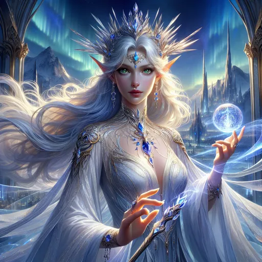 Prompt: "A regal female High Elf with flowing platinum-blonde hair adorned with a circlet of sapphire and gold, standing at the apex of a towering, crystalline spire. Her robes, a blend of shimmering white and iridescent silver, flow like liquid light as she channels an immense arcane spell. In her hands, she cradles a staff of pure diamond, its tip glowing with a pulsating orb that radiates celestial energy. The sky around her is painted with auroras of blue and gold, and below, an intricate city of alabaster and crystal reflects the brilliance of her magic. Her piercing emerald eyes shine with both wisdom and an unyielding determination."