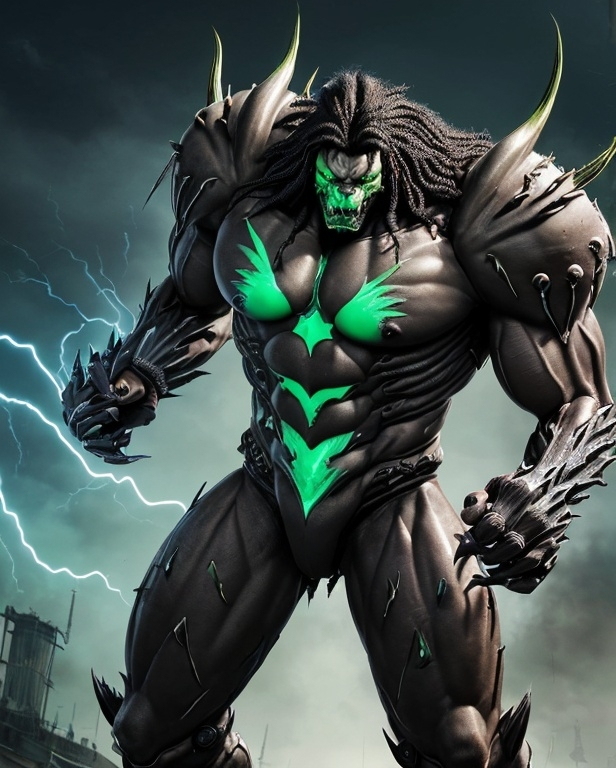 Prompt: Klawgrin Ironstorm is a towering behemoth of a creature, standing at a formidable 8 feet tall with a muscular, heavily scarred frame. His emerald green skin is a testament to his health and vitality, adorned with intricate tattoos depicting his battle honors and clan affiliations. A wild mane of jet-black hair, streaked with electric blue, cascades from his head, framing his fearsome visage. His most notable feature is his oversized, mechanical left arm, crafted from scavenged metal and wires, ending in a set of serrated claws that crackle with uncontainable energy. His eyes are piercing yellow, with a fierce intelligence behind them that belies his brutish exterior.