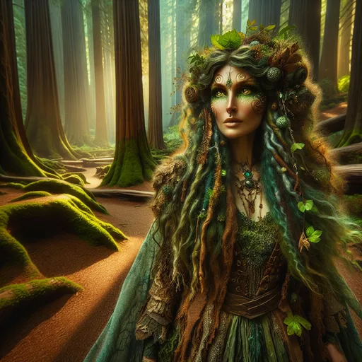 Prompt: In the heart of an ancient forest, where the roots of colossal trees intertwine with the very essence of the earth, stands a remarkable figure: a female Earth Genasi. Her skin shimmers like finely polished jade, adorned with intricate patterns reminiscent of the land's rich tapestry—swirling vines, delicate flowers, and rugged mountains etched into her flesh. Her hair flows like cascading waterfalls, vibrant with hues of deep emerald and earthy browns, and it seems to rustle and shift as if caught in a gentle breeze, whispering secrets of the earth. Her eyes are pools of molten gold, reflecting the wisdom of the ages and the strength of the mountains, holding within them an unyielding spirit. She moves with an earthy grace, her presence commanding yet nurturing, as if the very ground beneath her feet recognizes her as its guardian. Clad in garments woven from natural fibers, adorned with gemstones that glimmer like dew-kissed petals, she embodies the harmony of nature itself. This Earth Genasi possesses a deep connection to the land, capable of harnessing its power to mend wounds and nurture life. Her voice resonates like a gentle rumble of thunder, calm and soothing, yet undeniably powerful. As she walks the forest paths, flora flourishes in her wake, and the air is infused with the sweet scent of damp earth and blooming wildflowers. With her unwavering resolve and innate understanding of the elemental forces at play, she stands as a protector of her realm, ready to confront any threat and ensure the balance of nature endures.