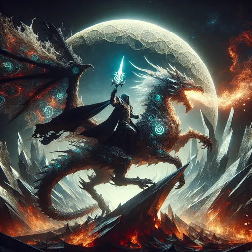 Prompt: "A mighty warrior clad in shimmering obsidian armor, wielding a glowing crystal sword, riding a massive dragon made of swirling fire and ice. The scene is set against a backdrop of a shattered moon, with glowing runes etched into the sky, casting an ethereal light over a jagged, otherworldly landscape."