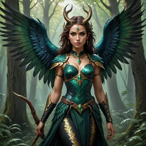 Prompt: Zarael Whisperwind, or simply Zara as she is known to her friends, is a 270-year-old Magog with the grace of a gazelle and the fiery spirit of a phoenix. Standing at an elegant six feet tall, she has a slender yet muscular build that speaks of her prowess as a skilled hunter and warrior. Her skin is a mesmerizing mosaic of emerald and gold scales that shimmer in the moonlight, while her eyes, a piercing shade of sapphire, seem to hold the wisdom of centuries. Her hair, a cascade of iridescent feathers, flows down to her waist, each plume changing colors with the light to reflect the mood of the moment. Her wings, a vibrant array of peacock hues, are not just for show; they are powerful enough to allow her to glide through the dense forests of her homeland with ease and agility. Her attire is minimalistic yet functional, consisting of a form-fitting leather ensemble adorned with intricate beadwork and feathers, paying homage to the creatures she shares the forest with. A necklace made of teeth and claws from her past kills hangs around her neck, a silent testament to her cunning and bravery. Her only weapon is a handcrafted longbow made from the heartwood of an ancient tree, which she wields with unmatched skill.