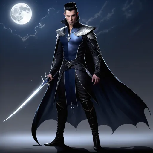 Prompt: Shadar-kai, male, 110, early thirties, deep blue skin, silver tattoos, starlight eyes, pointed ears, angular cheekbones, predatory gaze, tall, lean, shadowy acrobatics, black hair, elegant quiff, dramatic attire, leather armor, crescent moon dagger symbol, flowing shadow cape, twin curved swords, shadowblade heritage, claw-like gloves, charismatic enigma, charming, deadly smile, sharp intellect, political savvy, family legacy, lost sister, shadow manipulation, archfey student, Feywild trained, rebellion ally, philosophical wanderer.