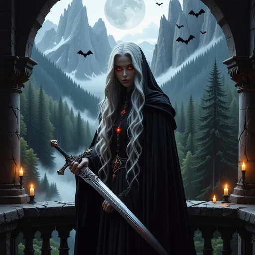 Prompt: "A hauntingly elegant Elvish-Vampire hybrid with pale, moonlit skin and long, silver hair cascading over her black velvet cloak. Her piercing crimson eyes glow faintly as she stands atop the balcony of an ancient, gothic castle, overlooking a forest shrouded in mist. She wields a slender, enchanted rapier etched with blood-red runes, its blade humming with an unholy aura. Her pointed ears peek out from beneath her hood, and her fangs glint as she smirks with an air of regal dominance. Bats swirl around her as the blood-red moon casts an eerie glow on the jagged mountains beyond."