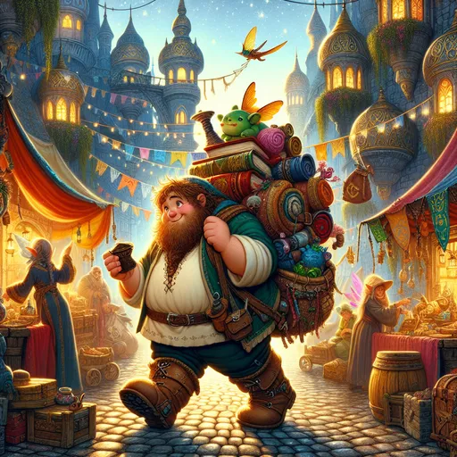 Prompt: "A whimsical and heartwarming fantasy artwork featuring a clunky adult navigating an enchanted, otherworldly marketplace. The central figure is a lovable, slightly awkward adult with a heavy build, dressed in mismatched, patched-up adventurer’s gear. Their oversized boots clunk loudly on the cobblestone street, and they carry an absurdly large backpack overflowing with curious items—a teapot, an old book, a stuffed toy dragon, and a bundle of tangled ropes.

Their expression is a mix of determination and mild embarrassment as they awkwardly try to balance their belongings while interacting with the vibrant, fantastical vendors. Surrounding them are stalls brimming with magical wares: glowing potions, enchanted jewelry, fluttering scrolls, and peculiar creatures in gilded cages.

The marketplace itself is alive with charm, featuring vibrant banners, floating lanterns, and cobblestones that shimmer faintly with runic symbols. Towering, whimsical buildings twist into the sky, their rooftops adorned with golden spires and hanging plants. A group of mischievous fairies flits about, teasing the clunky adult by tugging at their scarf.

In the background, fantastical townsfolk—elves, dwarves, and other fantastical beings—go about their day, casting curious glances at the clumsy but endearing protagonist. The scene radiates warmth and humor, with a magical glow illuminating the bustling activity and highlighting the clunky adult’s earnest, if slightly awkward, journey through this enchanting world."
