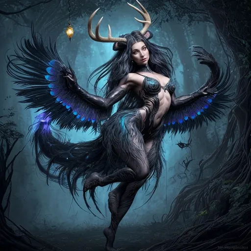 Prompt: Alara Moonshadow is a breathtaking and enigmatic creature that defies simple categorization. Her lineage is a mesmerizing tapestry of various dire beasts, woven together by the whims of a long-forgotten sorcerer. Her base form is that of a sleek, six-foot-tall feline creature with a muscular and lithe build, reminiscent of a jungle panther, but with fur as dark and deep as a moonless sky. A set of majestic antler-like horns spirals gracefully from her forehead, each tipped with a luminescent sapphire that seems to resonate with the intensity of her emotions. Her eyes are pools of shimmering gold, holding within them the wisdom and curiosity of the ages. A long, serpentine tail, tipped with a vibrant peacock fan of feathers, coils behind her, acting as both a balance and a weapon. Her forearms end in sharp, clawed paws that can manipulate objects with surprising dexterity. Her back is adorned with the powerful wings of a gryphon, midnight black feathers edged with the iridescence of an oil slick, allowing for silent flight. Her legs, strong and muscular, are tipped with cloven hooves that echo the grace of a deer, yet carry the weight of a creature much larger.