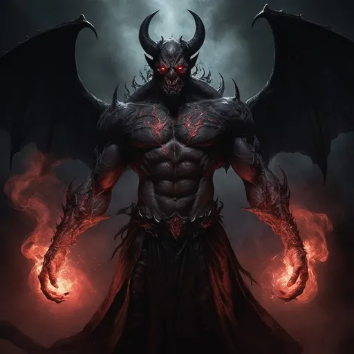 Prompt: In the shadowy realms where darkness meets intrigue, stands a male demon of striking presence. Towering above mortals at nearly seven feet, his sinewy form is shrouded in a smoke-like aura that flickers and dances like shadows under moonlight. His skin, a deep obsidian hue, glistens with an otherworldly sheen, etched with intricate crimson runes that pulse with a life of their own. A pair of formidable, curved horns rise majestically from his forehead, spiraling outward like the branches of a twisted tree, while his piercing, ember-like eyes smolder with an intensity that can ignite fear or desire in those who dare to meet his gaze. Clad in dark, tattered leather armor adorned with fragments of ancient relics, he moves with a predatory grace, each step echoing the whispers of forgotten souls. His presence is both alluring and menacing, a paradox that draws the curious while repelling the faint of heart. With a voice that rumbles like distant thunder, he speaks in riddles, laced with temptation and peril, as he weaves tales of power and dominion from the depths of the infernal abyss. Yet beneath the formidable exterior lies a complex being, driven by ambition and an insatiable thirst for knowledge. He navigates the treacherous intrigues of the underworld, his heart a battleground of conflicting desires—torn between the allure of chaos and the nagging whisper of redemption. In a world where allegiances shift like the sands of time, this male demon is a force to be reckoned with, embodying the eternal struggle between light and dark, hope and despair.