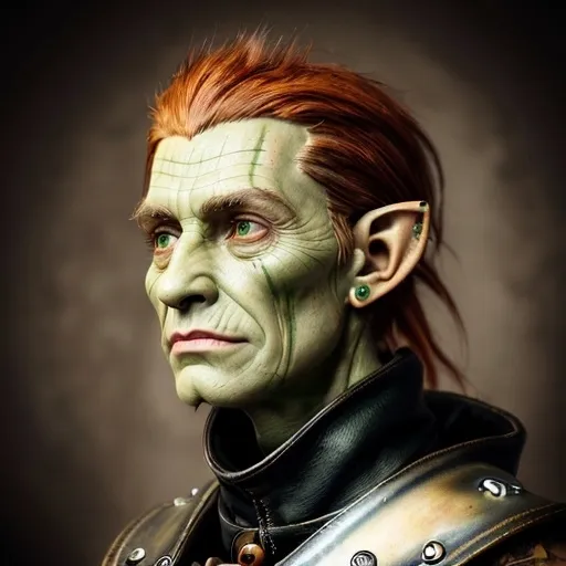 Prompt: Goblin, 170 years old, tall, slender, emerald eyes, rare, deep forest green skin, elfin features, pointed ears with bronze hoops, wild red hair, hodgepodge clothing, leather vest, patchwork trousers, high boots, mechanical accessories, nimble fingers, grease and ink stains, engineering genius, mad scientist, sentient machines, curiosity, sharp wit, mischievous, respect for organic life, unwavering loyalty, detached, unique perspective, obsessive, infectious enthusiasm, loner tendencies. [(full realism!), (realistic features!), (realistic settings!), (realistic filter!), (realistic photography!), (deep fake image!!)!]!