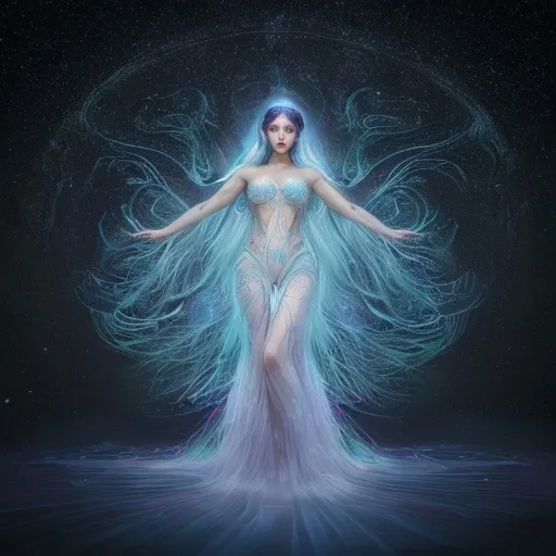 Prompt: Luminara Stellaris is a being of ethereal beauty, with a glowing aura that surrounds her, casting an ever-changing array of colors that mimic the auroras of distant planets. Her skin is a delicate shade of cerulean, reflecting the light of the stars in her home galaxy, and her eyes are twin orbs of deep cosmic indigo that seem to swirl with the mysteries of the universe. Her hair, a tapestry of fine, iridescent strands, flows in the gentle zero gravity of her ship, often appearing to be a living aurora itself. Her slender frame is adorned with intricate tattoos that trace the pathways of cosmic phenomena across her arms and neck, each line and dot telling a story of a celestial event witnessed over her long lifespan. She moves with an elegant grace, as if dancing among the stars themselves, and her clothing is a fusion of ancient Earth textiles and futuristic materials that shimmer and shift with the light, giving the illusion of floating.