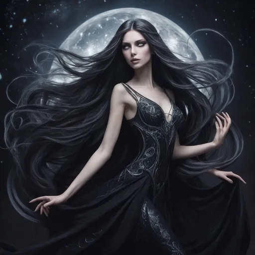 Prompt: Luminara Nightshade is a slender, ethereal being whose skin shimmers with an inner light that seems to dance with the shadows. Her long, flowing hair is a tapestry of midnight black and silver threads, often pulled back to reveal piercing eyes that swirl with the cosmos. She stands tall with an elegant posture, and her movements are a symphony of grace, leaving trails of stardust in her wake. Her attire is simple yet opulent ensemble of dark fabrics, adorned with celestial motifs that compliment her aura of otherworldly power.