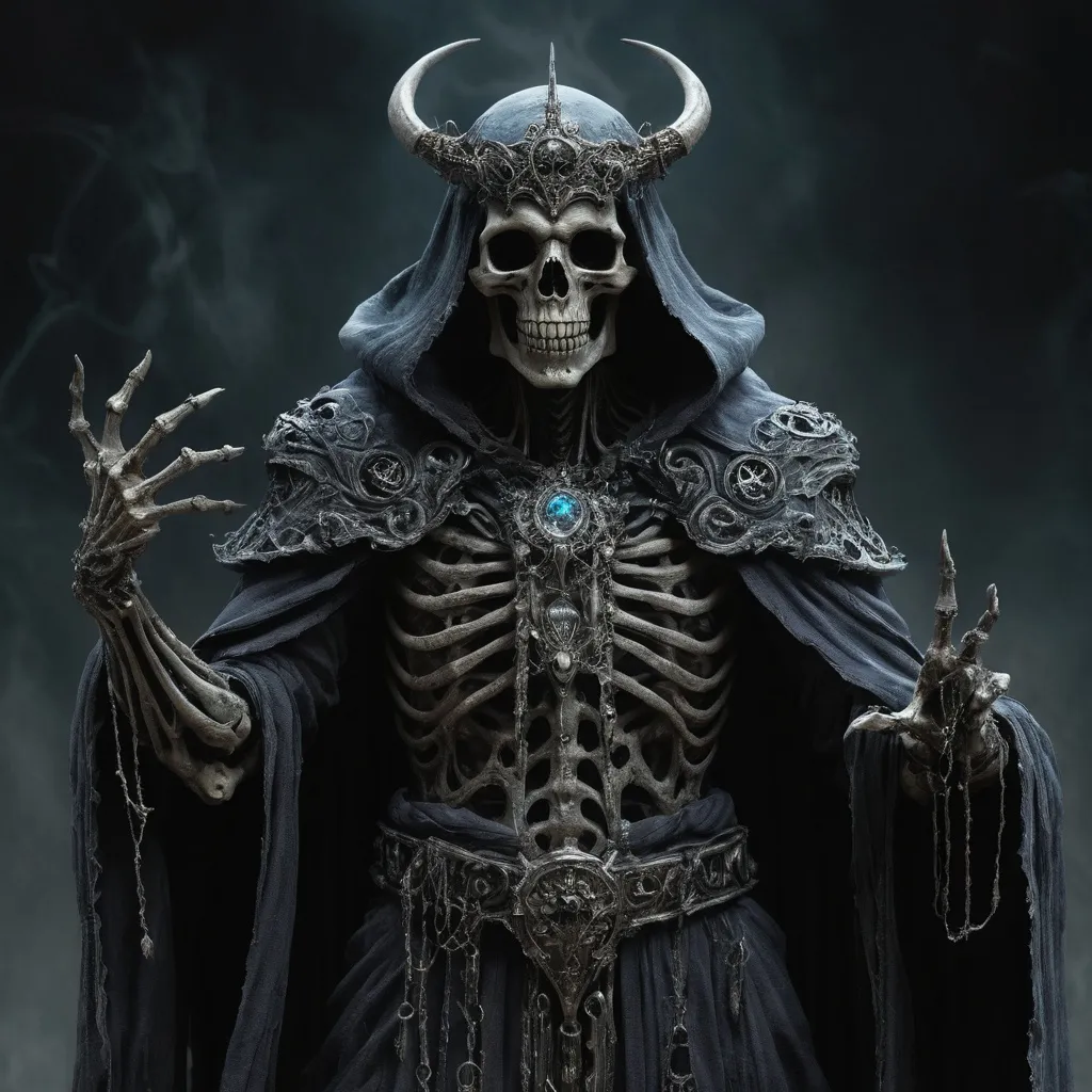 Prompt: In the shadowy recesses of a forgotten realm, the Male Lich stands as a chilling testament to the dark arts. Clad in tattered robes that whisper secrets of ancient spells, his skeletal frame looms ominously, each bony finger adorned with rings of tarnished silver, etched with runes of power. His hollow eye sockets glow with an eerie, phosphorescent light—an unsettling reminder of the soul that once animated him. The air around him crackles with necromantic energy, causing the very shadows to writhe and contort at his command. Once a powerful sorcerer, the Male Lich transcended mortality through forbidden rituals, sacrificing his humanity for eternal life and mastery over the undead. He wields a staff carved from blackened wood, topped with a pulsating crystal that channels his malevolent will. In his presence, the temperature drops, and the scent of decay lingers, instilling fear in the hearts of the living. Whispers of his name travel through the land like a plague, for he commands legions of soulless minions who roam the night, seeking to do his bidding. Yet beneath his ghastly exterior lies a mind as sharp as a blade—calculating, cunning, and relentless in pursuit of knowledge and power. The Male Lich is not merely a monster; he is a master strategist, forever seeking to unravel the mysteries of life and death, driven by an insatiable thirst for dominion over all realms. In his dark palace, where time holds no sway, the echoes of ancient incantations resound, hinting at the dark ambitions that may one day plunge the world into chaos.