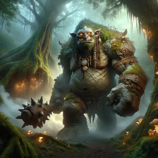 Prompt: *"A towering troll emerges from a misty, enchanted forest, its hulking figure partially cloaked in shadows. The troll's skin is a rugged blend of mossy green and earthy brown, textured like ancient tree bark, with patches of bioluminescent fungi glowing faintly across its shoulders and arms. Its eyes, glowing like molten amber, exude both wisdom and menace.

The troll wields a massive club carved from a single tree trunk, intricately adorned with tribal carvings and dangling charms made of bone and crystal. Around its neck hangs an amulet glowing with mystical energy, hinting at a deep connection to the magical forces of the forest.

The setting is alive with otherworldly details: towering, gnarled trees with luminous leaves; a shimmering waterfall cascading into a crystal-clear pool; and small, glowing creatures flitting in the air. Fog curls around the troll’s feet, adding a mysterious and ethereal atmosphere to the scene. The moonlight pierces through the dense canopy above, casting dramatic beams of light that illuminate the troll's formidable form and its intricate details.

The overall composition conveys the troll’s dual nature—an imposing guardian of the forest with an ancient and mystical aura, perfect for a collectible fantasy art piece."*